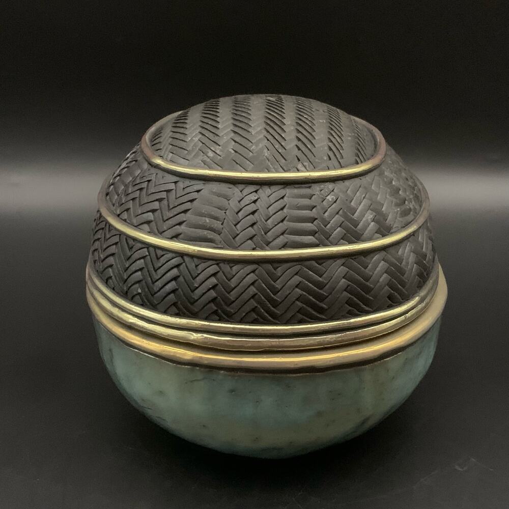 Candone Wharton Raku Pottery Basketweave & Glaze Vessel Bowl SIGNED with Lid